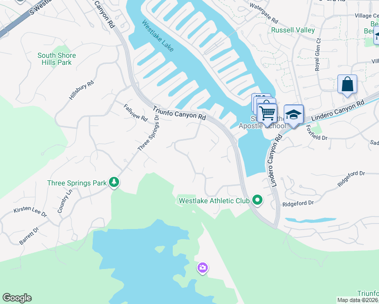 map of restaurants, bars, coffee shops, grocery stores, and more near Blue Rock Ridge in Westlake Village