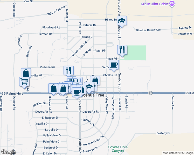 map of restaurants, bars, coffee shops, grocery stores, and more near 6424 Valley View Street in Joshua Tree