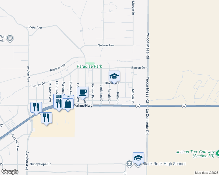 map of restaurants, bars, coffee shops, grocery stores, and more near Ronald Drive in Yucca Valley
