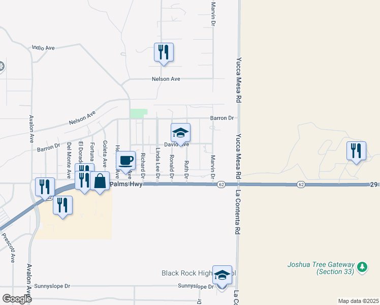 map of restaurants, bars, coffee shops, grocery stores, and more near 6391 Ruth Drive in Yucca Valley