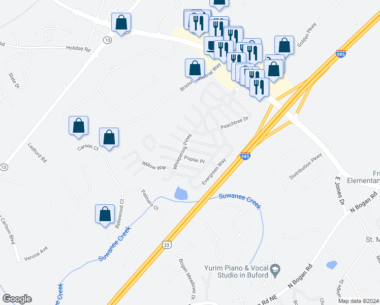 map of restaurants, bars, coffee shops, grocery stores, and more near 5455 Rolling Oak in Buford