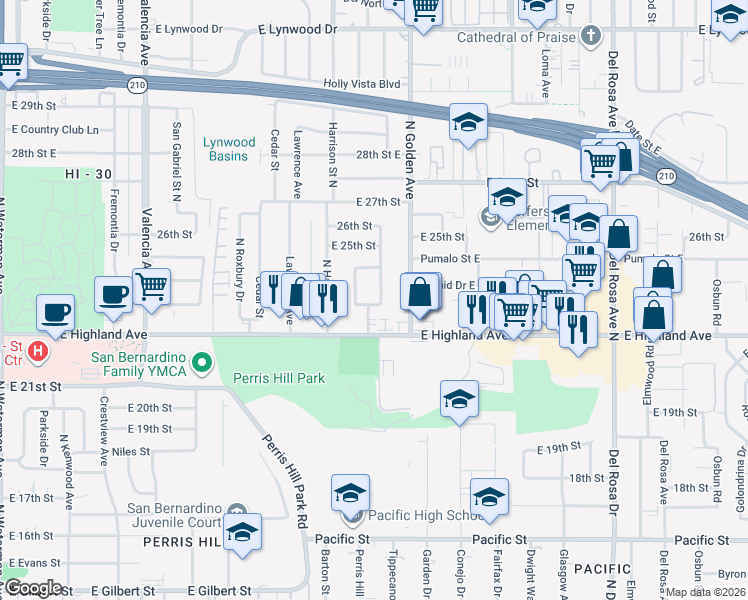map of restaurants, bars, coffee shops, grocery stores, and more near 2314 North Alameda Avenue in San Bernardino