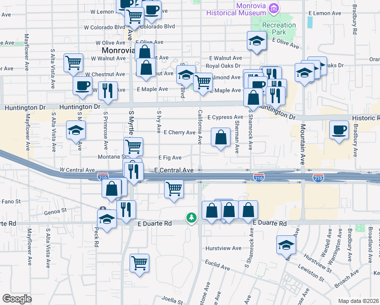 map of restaurants, bars, coffee shops, grocery stores, and more near 261 East Fig Avenue in Monrovia