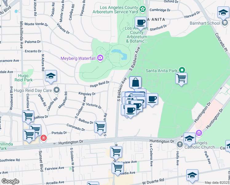 map of restaurants, bars, coffee shops, grocery stores, and more near 233 South Baldwin Avenue in Arcadia