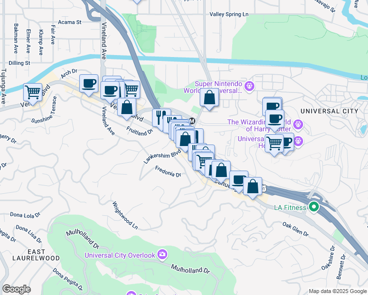 map of restaurants, bars, coffee shops, grocery stores, and more near Lankershim Blvd & Cahuenga Blvd in Los Angeles