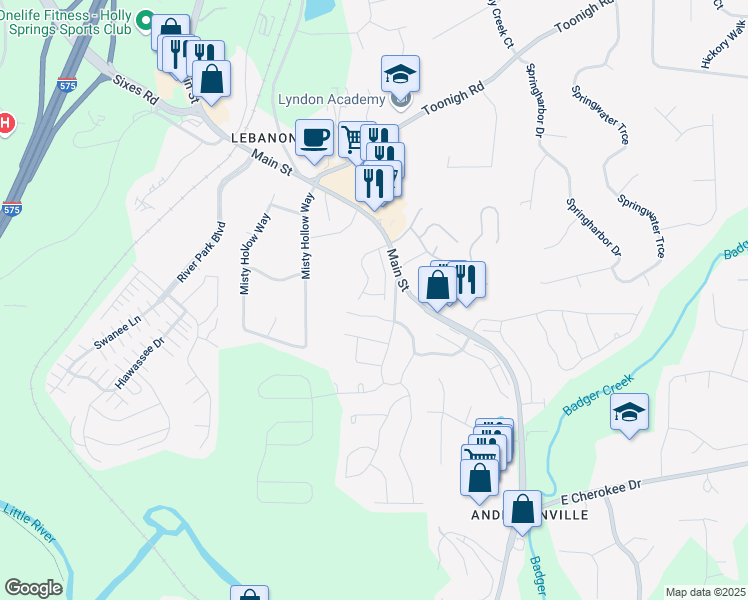 map of restaurants, bars, coffee shops, grocery stores, and more near 405 Ruths Boulevard in Woodstock
