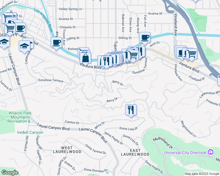 map of restaurants, bars, coffee shops, grocery stores, and more near 3800 Berry Drive in Los Angeles
