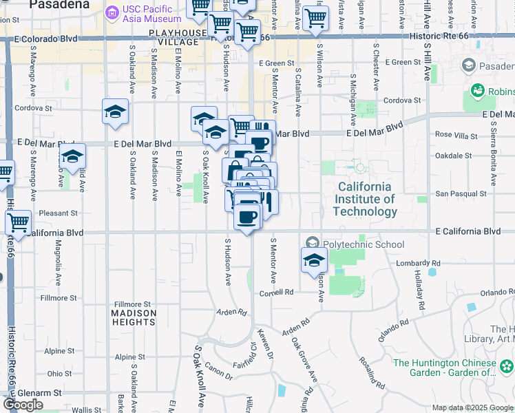 map of restaurants, bars, coffee shops, grocery stores, and more near 517 South Lake Avenue in Pasadena