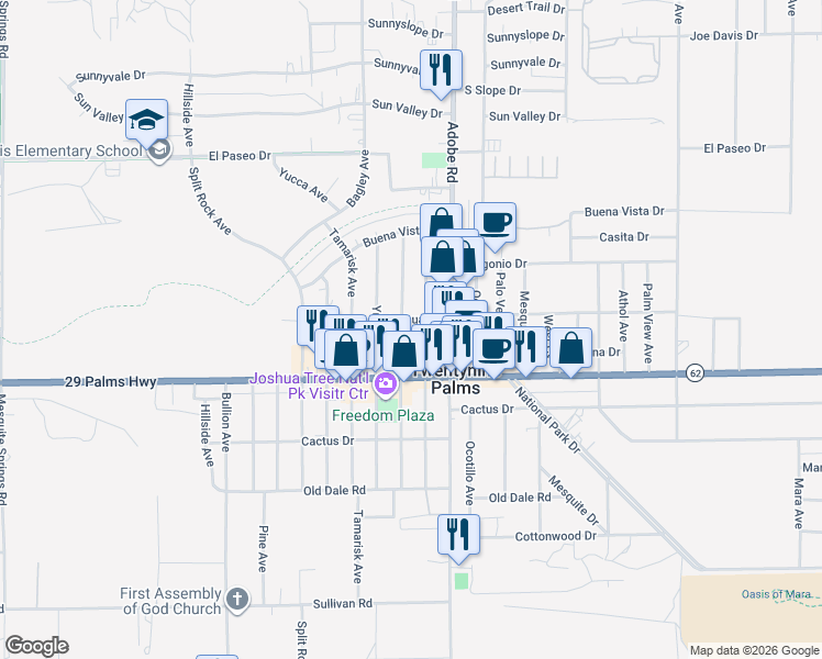 map of restaurants, bars, coffee shops, grocery stores, and more near 6413 Smoketree Avenue in Twentynine Palms