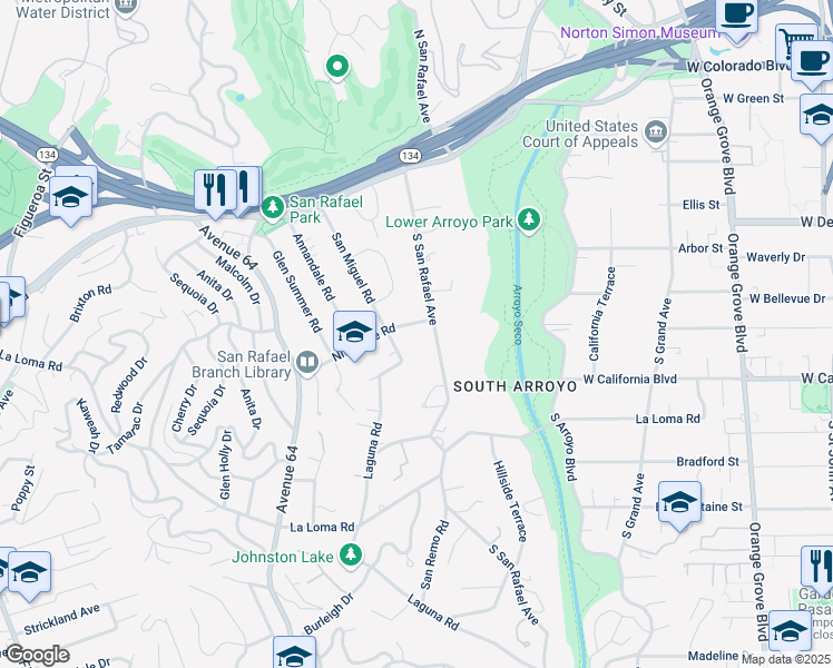 map of restaurants, bars, coffee shops, grocery stores, and more near 355 South San Rafael Avenue in Pasadena
