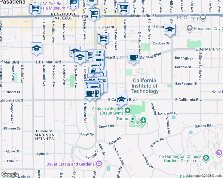 map of restaurants, bars, coffee shops, grocery stores, and more near 1000 San Pasqual Street in Pasadena
