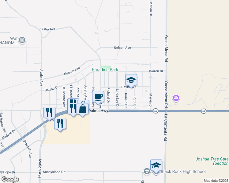 map of restaurants, bars, coffee shops, grocery stores, and more near 6386 Linda Lee Drive in Yucca Valley