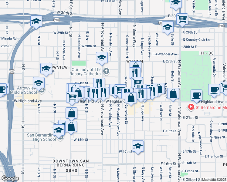 map of restaurants, bars, coffee shops, grocery stores, and more near 232 West 23rd Street in San Bernardino