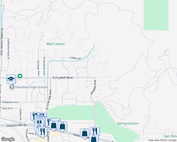 map of restaurants, bars, coffee shops, grocery stores, and more near 2200 Shenandoah Lane in Glendora