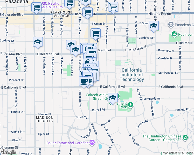 map of restaurants, bars, coffee shops, grocery stores, and more near 920 Granite Drive in Pasadena