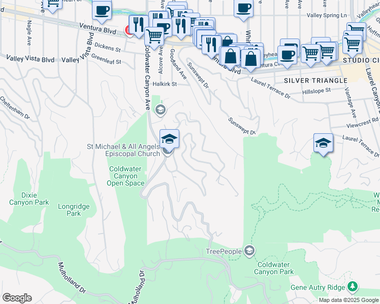 map of restaurants, bars, coffee shops, grocery stores, and more near 3699 Alta Mesa Drive in Los Angeles