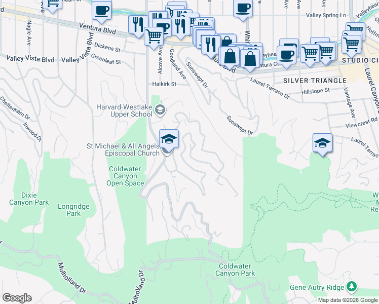 map of restaurants, bars, coffee shops, grocery stores, and more near 3700 Alta Mesa Drive in Los Angeles