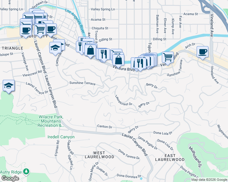 map of restaurants, bars, coffee shops, grocery stores, and more near 11534 Laurelcrest Drive in Los Angeles