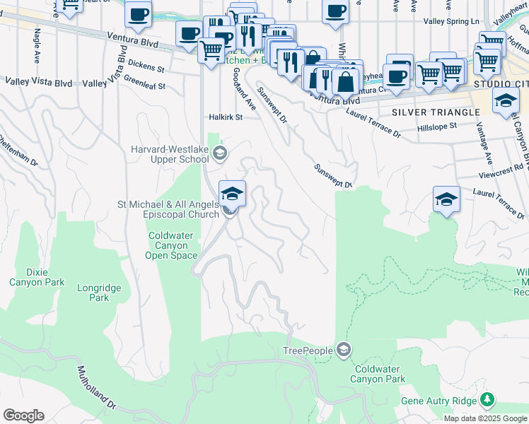 map of restaurants, bars, coffee shops, grocery stores, and more near 3700 Alta Mesa Drive in Los Angeles