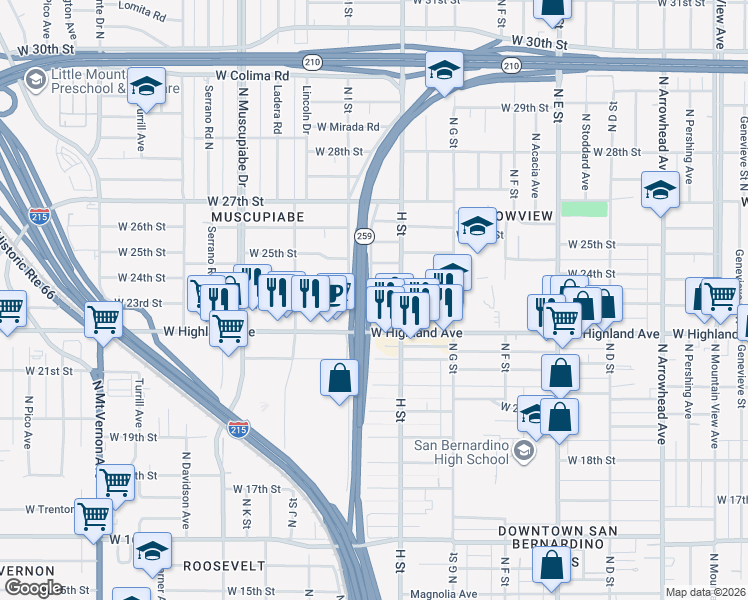 map of restaurants, bars, coffee shops, grocery stores, and more near 828 West 23rd Street in San Bernardino