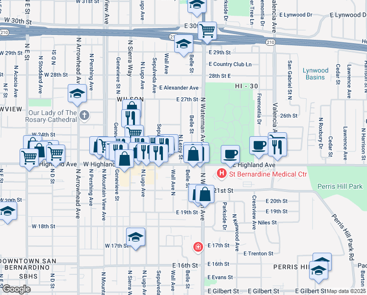map of restaurants, bars, coffee shops, grocery stores, and more near 2301 North Leroy Street in San Bernardino