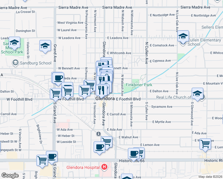 map of restaurants, bars, coffee shops, grocery stores, and more near 137 North Vista Bonita Avenue in Glendora