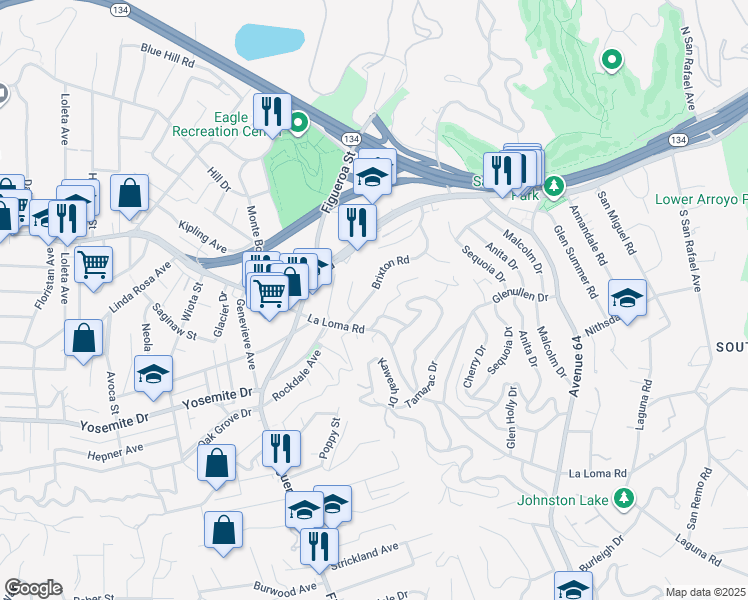 map of restaurants, bars, coffee shops, grocery stores, and more near 1338 Brixton Road in Pasadena