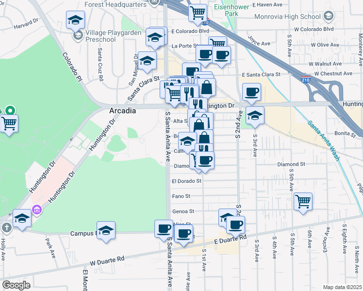 map of restaurants, bars, coffee shops, grocery stores, and more near 21 California Street in Arcadia