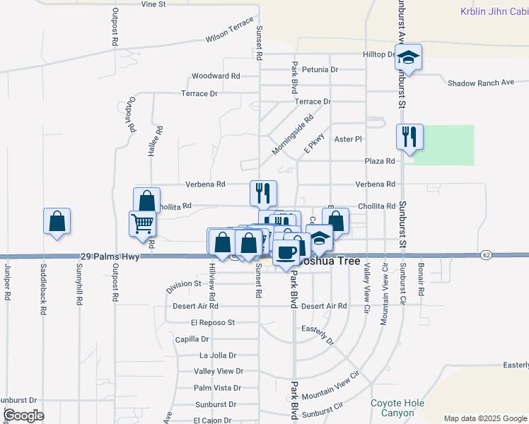 map of restaurants, bars, coffee shops, grocery stores, and more near Sunset Road in Joshua Tree