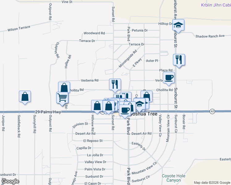 map of restaurants, bars, coffee shops, grocery stores, and more near 6393 Sunset Road in Joshua Tree