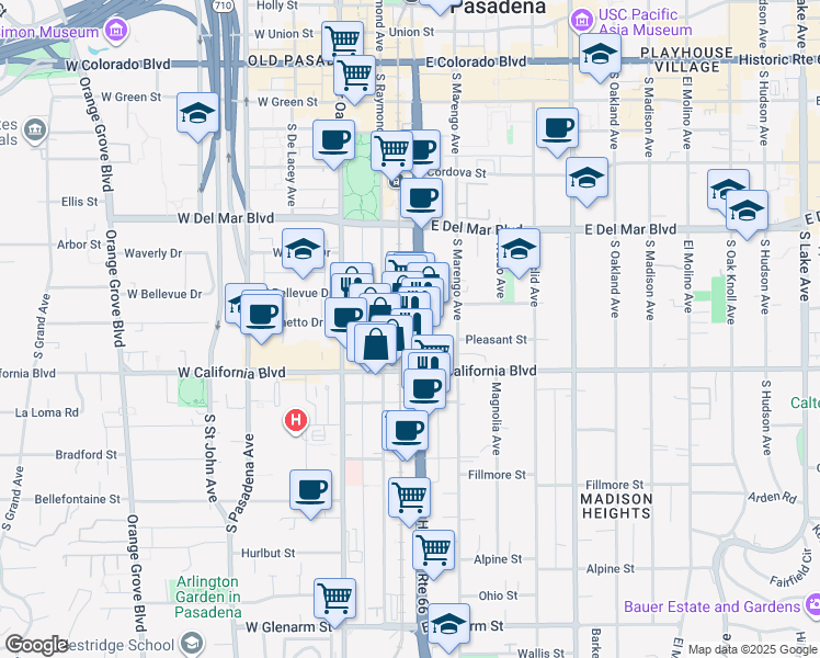 map of restaurants, bars, coffee shops, grocery stores, and more near 501 South Arroyo Parkway in Pasadena
