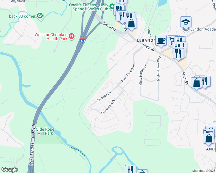 map of restaurants, bars, coffee shops, grocery stores, and more near 607 Tanners Crossing in Woodstock