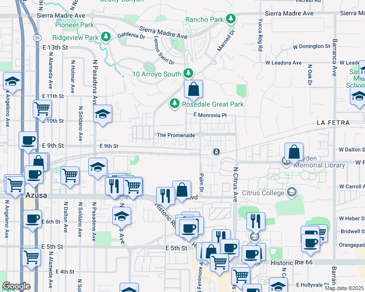 map of restaurants, bars, coffee shops, grocery stores, and more near 908 North Acacia Court in Azusa