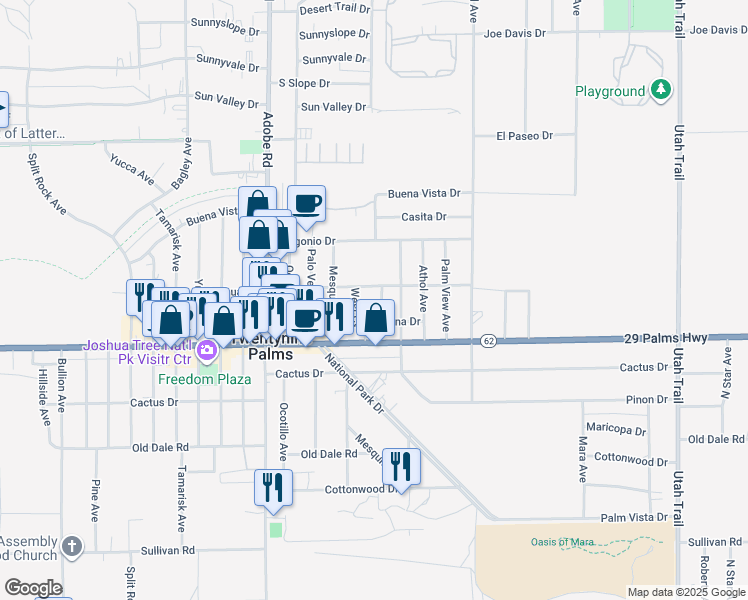 map of restaurants, bars, coffee shops, grocery stores, and more near 6416 East Court in Twentynine Palms