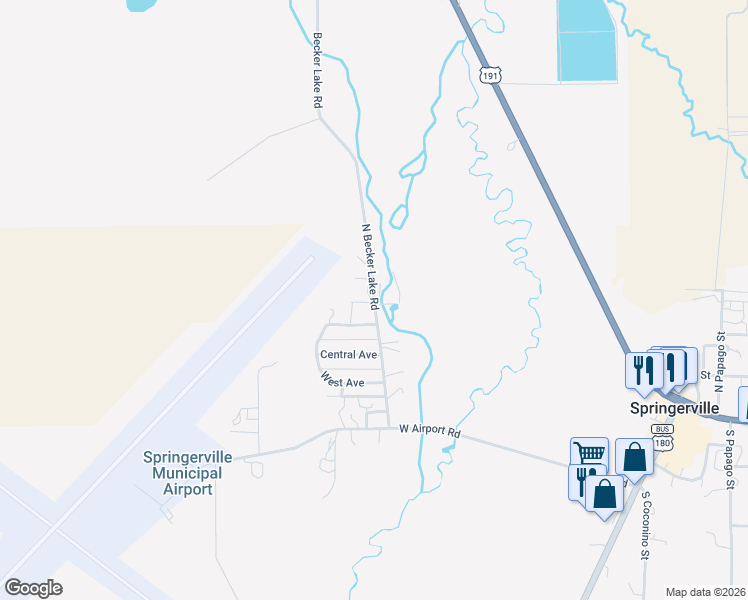 map of restaurants, bars, coffee shops, grocery stores, and more near 189 North Becker Lake Road in Springerville
