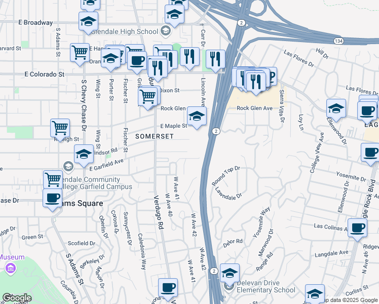 map of restaurants, bars, coffee shops, grocery stores, and more near 1517 East Garfield Avenue in Glendale