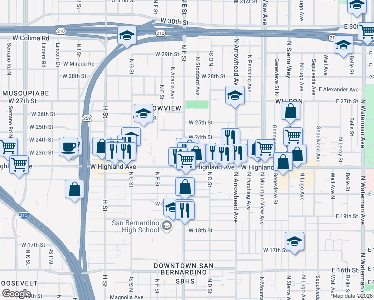 map of restaurants, bars, coffee shops, grocery stores, and more near 496 West 23rd Street in San Bernardino