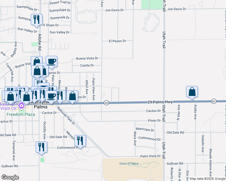 map of restaurants, bars, coffee shops, grocery stores, and more near 6415 Cedar Drive in Twentynine Palms