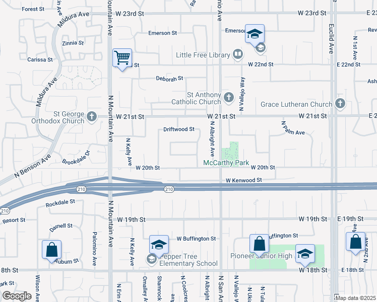 map of restaurants, bars, coffee shops, grocery stores, and more near 915 West Solano Street in Upland