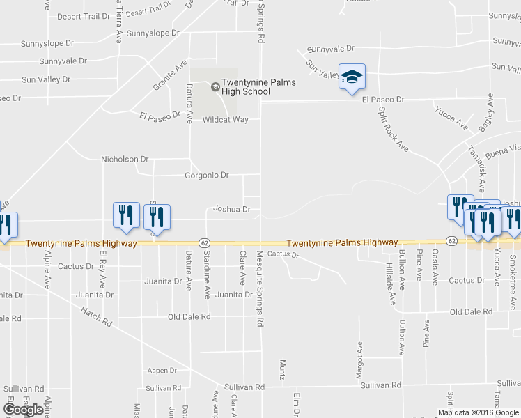 map of restaurants, bars, coffee shops, grocery stores, and more near Joshua Drive in Twentynine Palms