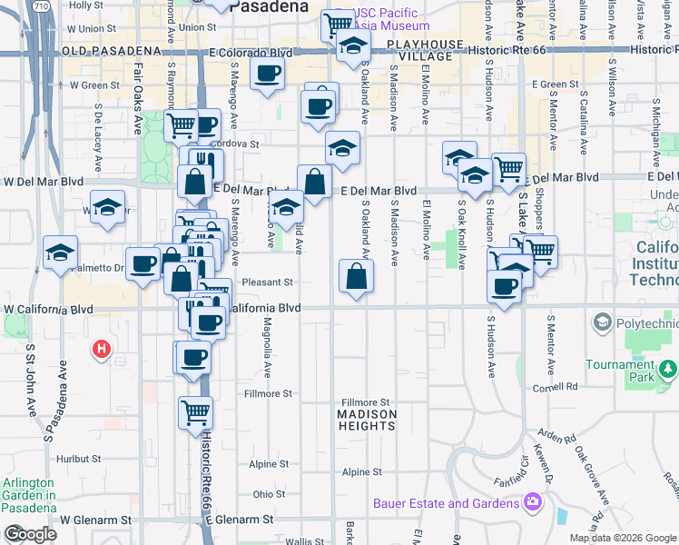 map of restaurants, bars, coffee shops, grocery stores, and more near 515 South Los Robles Avenue in Pasadena