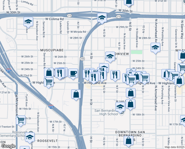 map of restaurants, bars, coffee shops, grocery stores, and more near 768 West 23rd Street in San Bernardino