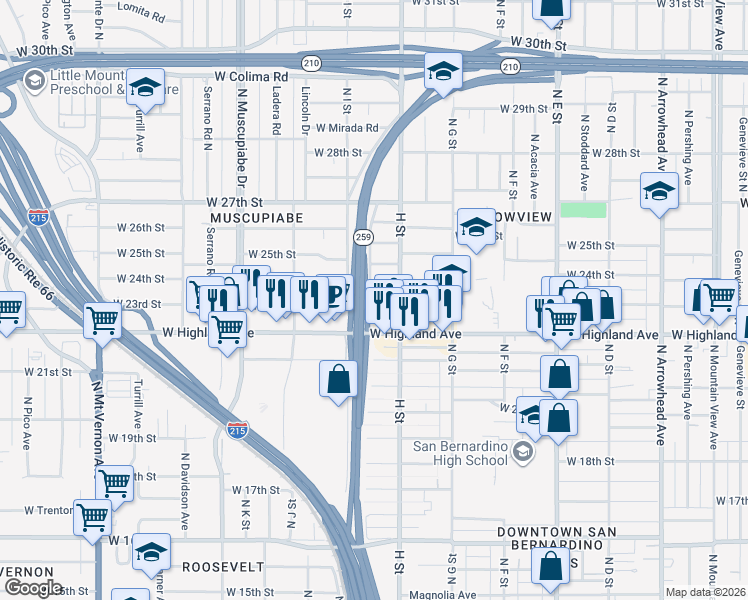 map of restaurants, bars, coffee shops, grocery stores, and more near 828 West 23rd Street in San Bernardino