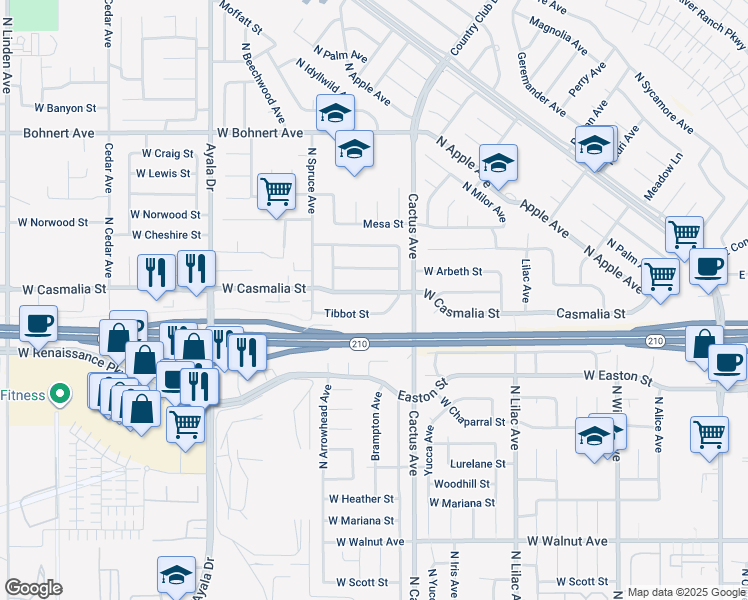 map of restaurants, bars, coffee shops, grocery stores, and more near 778 Tibbot Street in Rialto