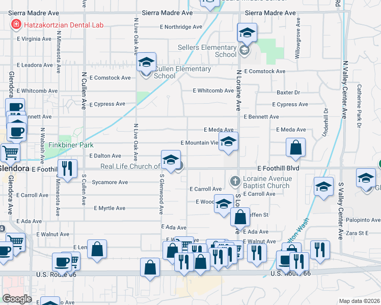 map of restaurants, bars, coffee shops, grocery stores, and more near 903 East Dalton Avenue in Glendora
