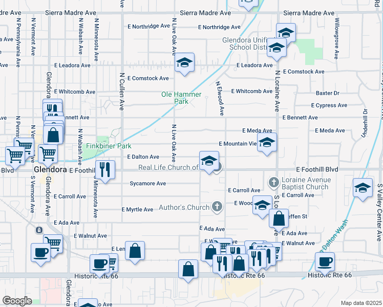 map of restaurants, bars, coffee shops, grocery stores, and more near 743 East Dalton Avenue in Glendora