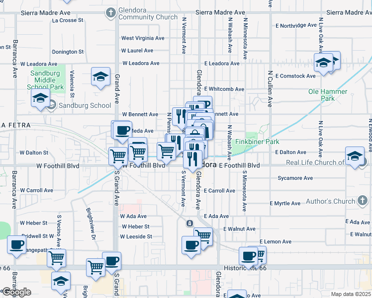 map of restaurants, bars, coffee shops, grocery stores, and more near 133 North Vermont Avenue in Glendora