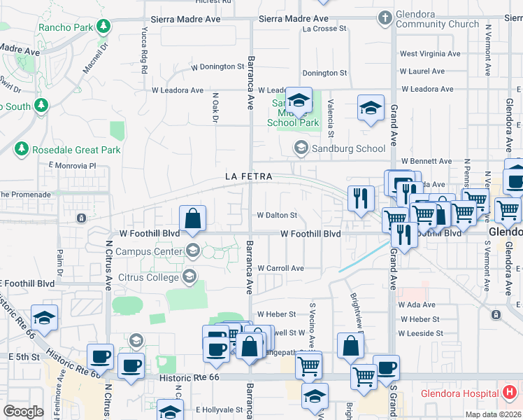 map of restaurants, bars, coffee shops, grocery stores, and more near 137 North Marcile Avenue in Glendora