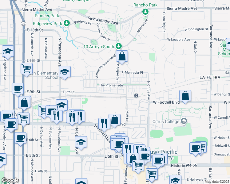 map of restaurants, bars, coffee shops, grocery stores, and more near 821 Cassia Lane in Azusa