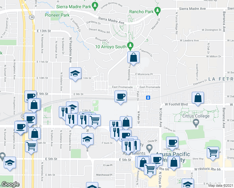 map of restaurants, bars, coffee shops, grocery stores, and more near 901 Purple Sage Drive in Azusa